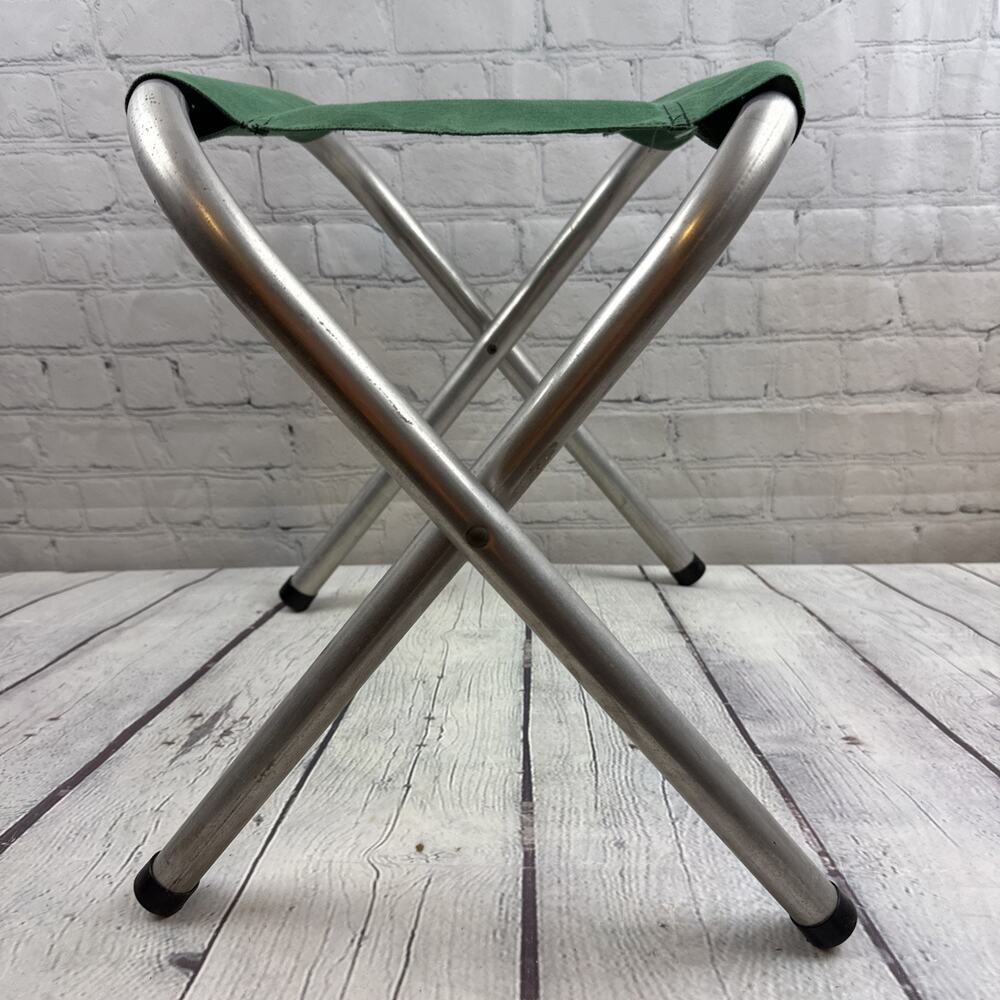 Vntg Folding Aluminum Camp Stool with Green Seat 16" Tall